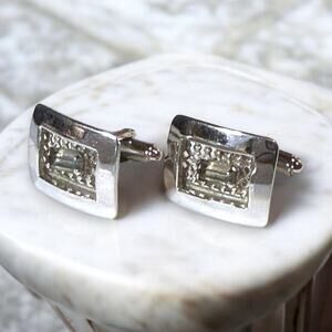 Vintage Shields Cufflinks Mens Silver Tone Emerald Cut Glass Mesh Back Bullet